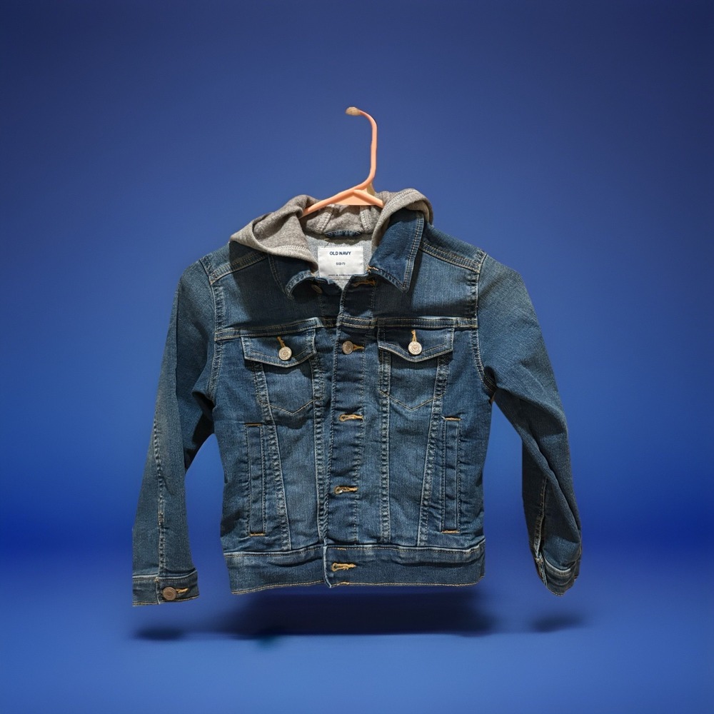 Old Navy Girls Hooded Denim Jacket Blue‎ Gray Button S (6-7) Long Sleeve